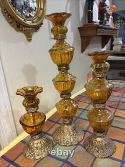 Vintage MCM Hollywood Regency Amber Glass Stacked Candlestick Holders Set Of 3