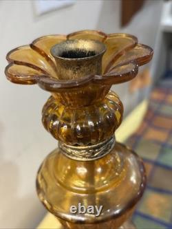 Vintage MCM Hollywood Regency Amber Glass Stacked Candlestick Holders Set Of 3