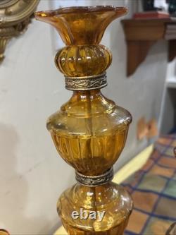 Vintage MCM Hollywood Regency Amber Glass Stacked Candlestick Holders Set Of 3