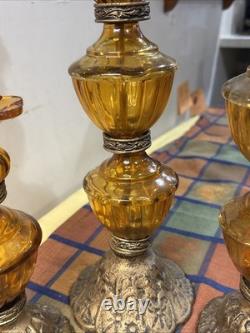 Vintage MCM Hollywood Regency Amber Glass Stacked Candlestick Holders Set Of 3