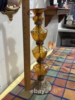 Vintage MCM Hollywood Regency Amber Glass Stacked Candlestick Holders Set Of 3
