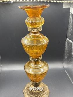 Vintage MCM Hollywood Regency Amber Glass Stacked Candlestick Holders Set Of 3
