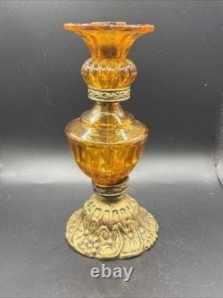 Vintage MCM Hollywood Regency Amber Glass Stacked Candlestick Holders Set Of 3