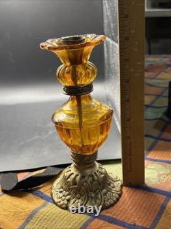 Vintage MCM Hollywood Regency Amber Glass Stacked Candlestick Holders Set Of 3