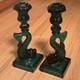 Vintage Mma Dark Green Imperial Glass Dolphin Koi Fish Candlestick Holder Pair