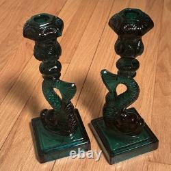 Vintage MMA Dark Green Imperial Glass Dolphin Koi Fish Candlestick Holder Pair