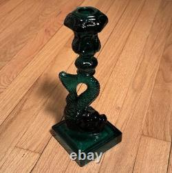 Vintage MMA Dark Green Imperial Glass Dolphin Koi Fish Candlestick Holder Pair