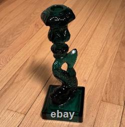 Vintage MMA Dark Green Imperial Glass Dolphin Koi Fish Candlestick Holder Pair