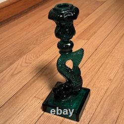 Vintage MMA Dark Green Imperial Glass Dolphin Koi Fish Candlestick Holder Pair