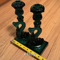 Vintage MMA Dark Green Imperial Glass Dolphin Koi Fish Candlestick Holder Pair