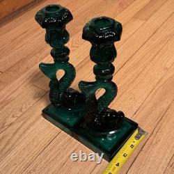 Vintage MMA Dark Green Imperial Glass Dolphin Koi Fish Candlestick Holder Pair