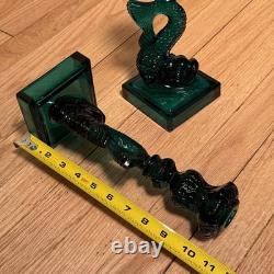 Vintage MMA Dark Green Imperial Glass Dolphin Koi Fish Candlestick Holder Pair