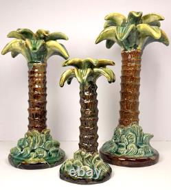 Vintage Majolica Style Hand-Painted Ceramic Palm Tree Candle Holders 14 12 9