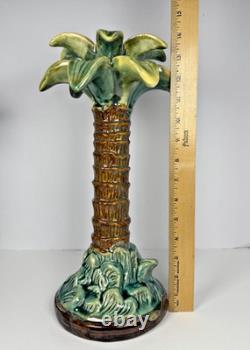 Vintage Majolica Style Hand-Painted Ceramic Palm Tree Candle Holders 14 12 9