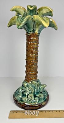 Vintage Majolica Style Hand-Painted Ceramic Palm Tree Candle Holders 14 12 9