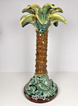 Vintage Majolica Style Hand-Painted Ceramic Palm Tree Candle Holders 14 12 9