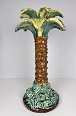 Vintage Majolica Style Hand-Painted Ceramic Palm Tree Candle Holders 14 12 9