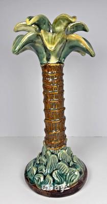 Vintage Majolica Style Hand-Painted Ceramic Palm Tree Candle Holders 14 12 9