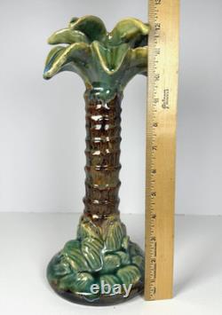 Vintage Majolica Style Hand-Painted Ceramic Palm Tree Candle Holders 14 12 9