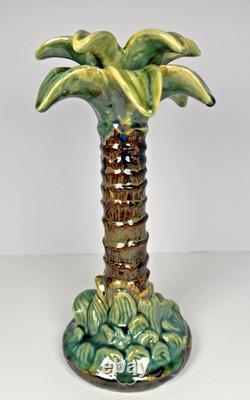 Vintage Majolica Style Hand-Painted Ceramic Palm Tree Candle Holders 14 12 9