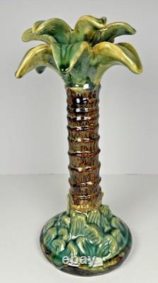 Vintage Majolica Style Hand-Painted Ceramic Palm Tree Candle Holders 14 12 9