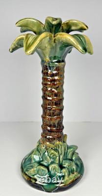 Vintage Majolica Style Hand-Painted Ceramic Palm Tree Candle Holders 14 12 9