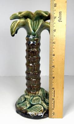Vintage Majolica Style Hand-Painted Ceramic Palm Tree Candle Holders 14 12 9
