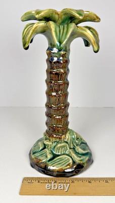 Vintage Majolica Style Hand-Painted Ceramic Palm Tree Candle Holders 14 12 9