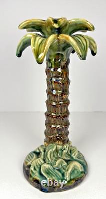 Vintage Majolica Style Hand-Painted Ceramic Palm Tree Candle Holders 14 12 9