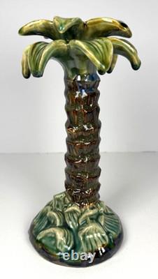 Vintage Majolica Style Hand-Painted Ceramic Palm Tree Candle Holders 14 12 9