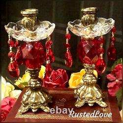 Vintage Metal Candle holders Baroque Ruby Red Hanging Crystals with Bobeches