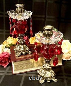 Vintage Metal Candle holders Baroque Ruby Red Hanging Crystals with Bobeches