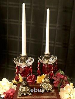 Vintage Metal Candle holders Baroque Ruby Red Hanging Crystals with Bobeches