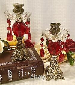 Vintage Metal Candle holders Baroque Ruby Red Hanging Crystals with Bobeches