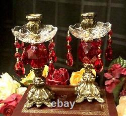 Vintage Metal Candle holders Baroque Ruby Red Hanging Crystals with Bobeches
