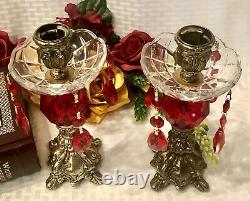 Vintage Metal Candle holders Baroque Ruby Red Hanging Crystals with Bobeches