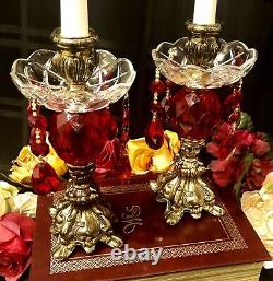 Vintage Metal Candle holders Baroque Ruby Red Hanging Crystals with Bobeches