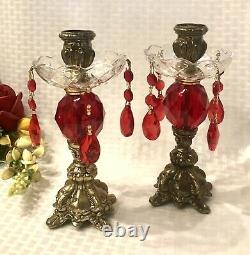 Vintage Metal Candle holders Baroque Ruby Red Hanging Crystals with Bobeches