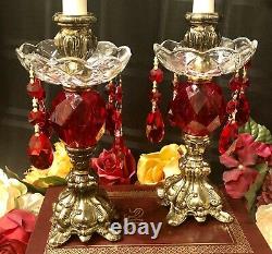 Vintage Metal Candle holders Baroque Ruby Red Hanging Crystals with Bobeches