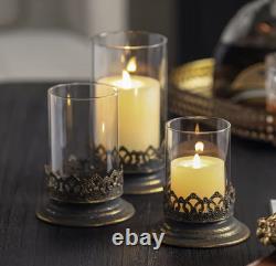 Vintage Metal & Glass Candle Holder Set of 3 Antique Iron Rustic Patina
