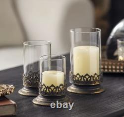 Vintage Metal & Glass Candle Holder Set of 3 Antique Iron Rustic Patina