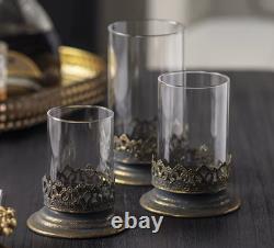 Vintage Metal & Glass Candle Holder Set of 3 Antique Iron Rustic Patina