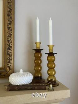 Vintage Midcentury Hand Blown Amber Bubble Glass Candle Holders MCM