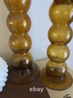 Vintage Midcentury Hand Blown Amber Bubble Glass Candle Holders MCM