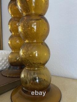 Vintage Midcentury Hand Blown Amber Bubble Glass Candle Holders MCM