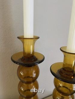 Vintage Midcentury Hand Blown Amber Bubble Glass Candle Holders MCM