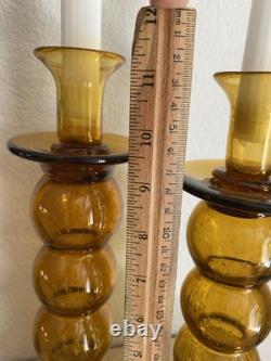 Vintage Midcentury Hand Blown Amber Bubble Glass Candle Holders MCM
