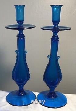 Vintage Murano Glass Large Italian Blown Candlestick Holders Electric Blue 14