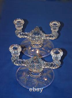 Vintage New Martinsville Etched Flower Glass Double Candlestick Holders Prelude