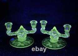 Vintage New Martinsville Etched Flower Glass Double Candlestick Holders Prelude